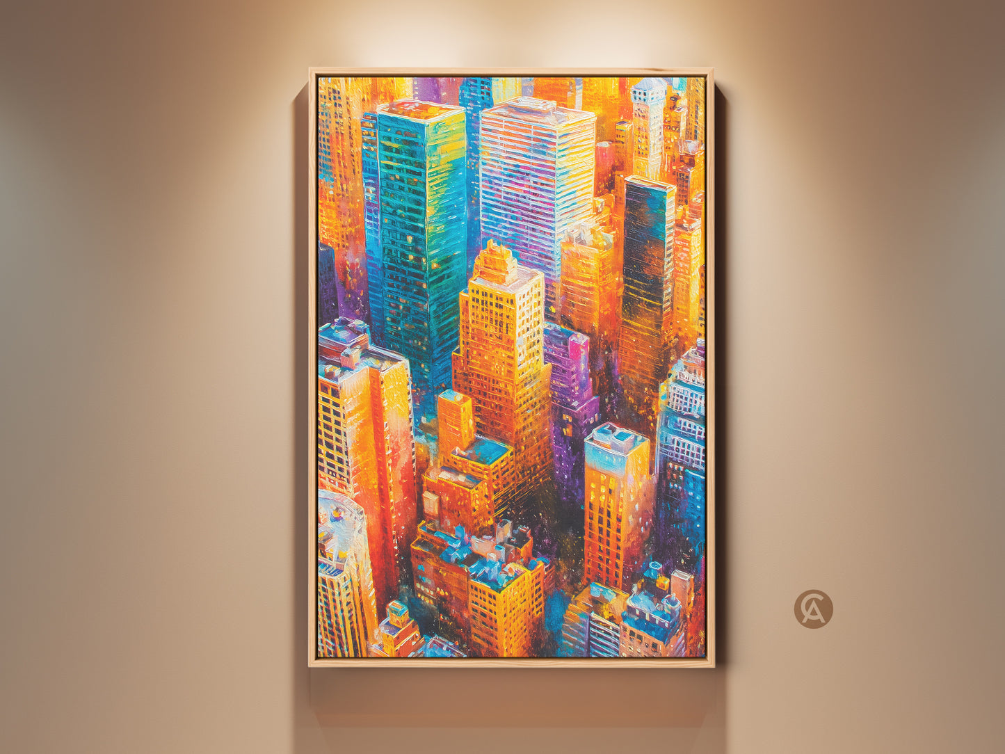 Framed cityscape artwork adorns a beige wall. The vibrant painting features colorful skyscrapers in shades of blue orange and yellow. It is a stunning piece of urban art. The artwork captures the energy and beauty of a modern metropolis framed in light wood. Perfect for adding a touch of sophistication to any space
