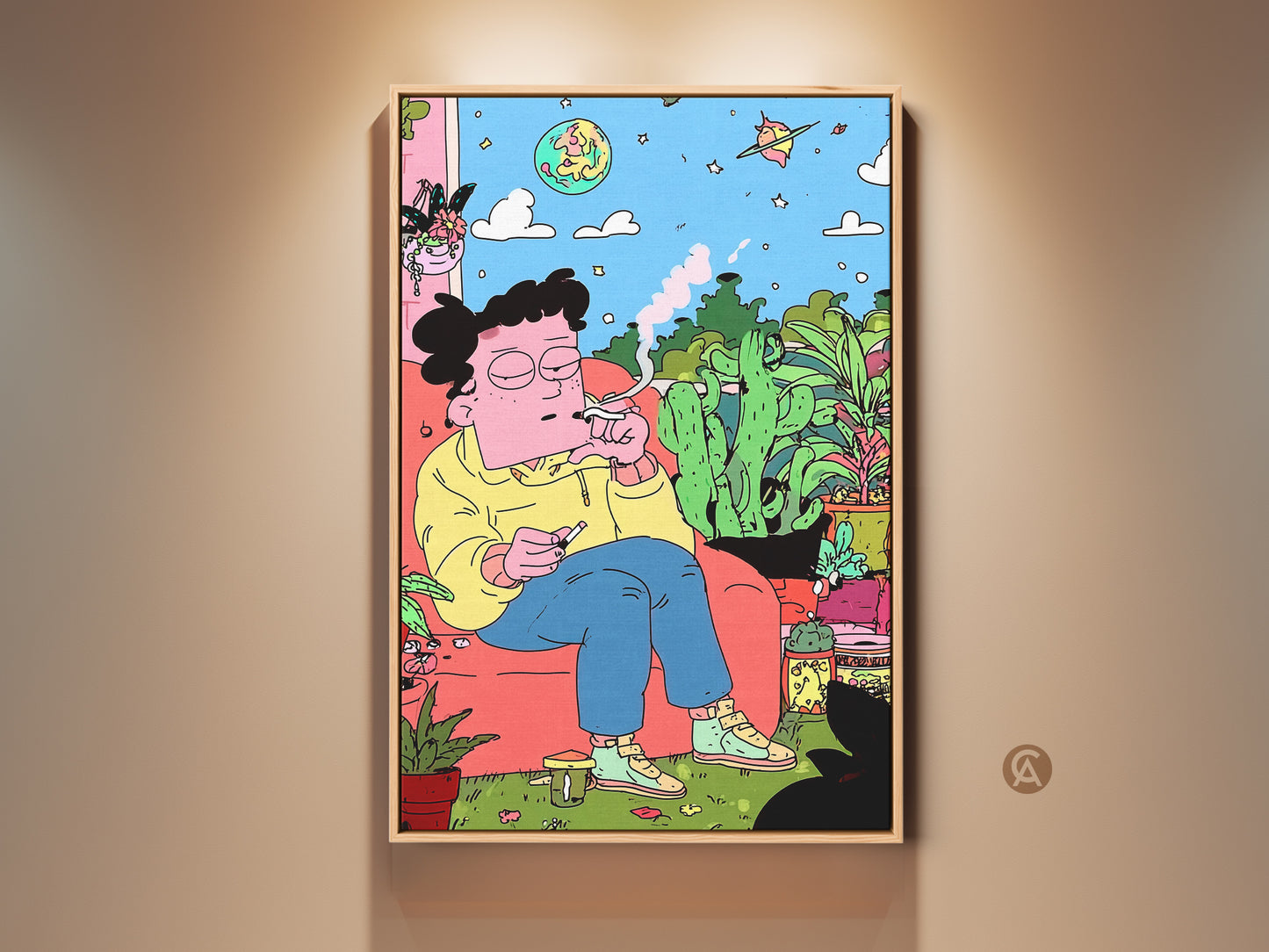 Colorful art print of a figure relaxing indoors. The artwork features a person seated among lush greenery. They are casually smoking with a dreamy expression. Perfect wall art to add a chill vibe to any room. It comes framed and ready to hang.