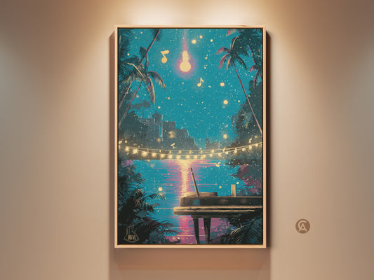Experience this retro piano canvas art It shows palm trees under a teal night sky. Pink accents highlight musical notes creating an eclectic vibe. Perfect musician gift idea. Bring coastal music artwork to your home with this tropical night sky art. This piece embodies a synthwave ocean view