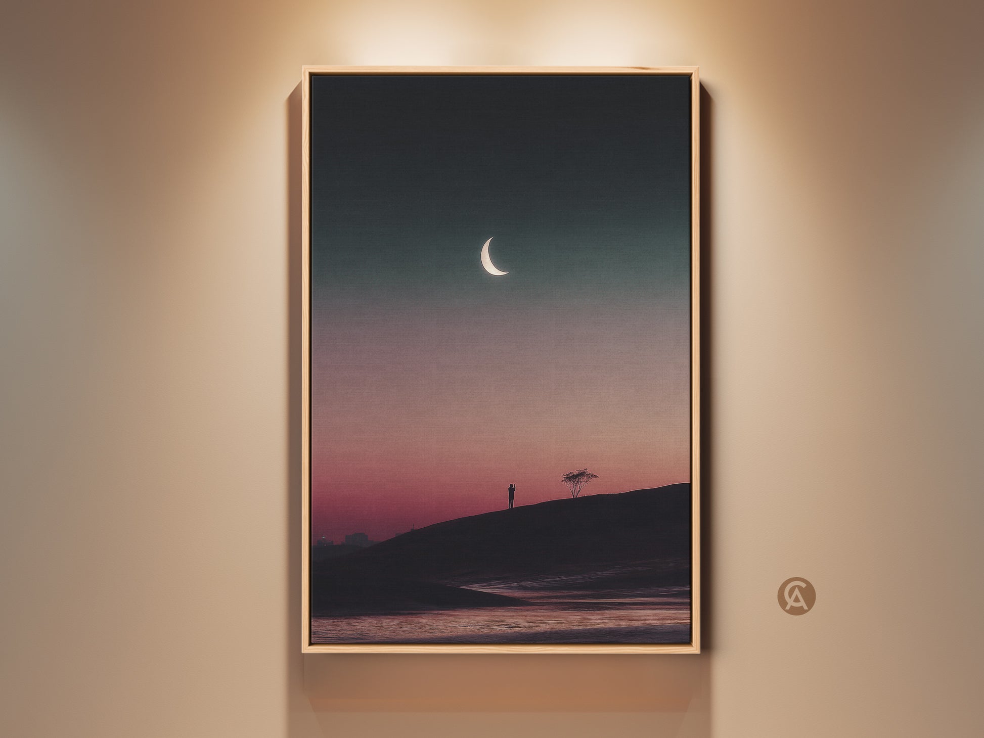 Framed dark teal and pink celestial artwork. This minimalist moon tree canvas print brings surreal wall decor to your bedroom. A perfect housewarming gift for travel lovers. The outdoor theme and contemporary style makes it a unique piece.