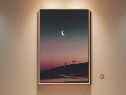 Framed dark teal and pink celestial artwork. This minimalist moon tree canvas print brings surreal wall decor to your bedroom. A perfect housewarming gift for travel lovers. The outdoor theme and contemporary style makes it a unique piece.