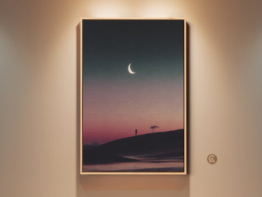 Framed dark teal and pink celestial artwork. This minimalist moon tree canvas print brings surreal wall decor to your bedroom. A perfect housewarming gift for travel lovers. The outdoor theme and contemporary style makes it a unique piece.