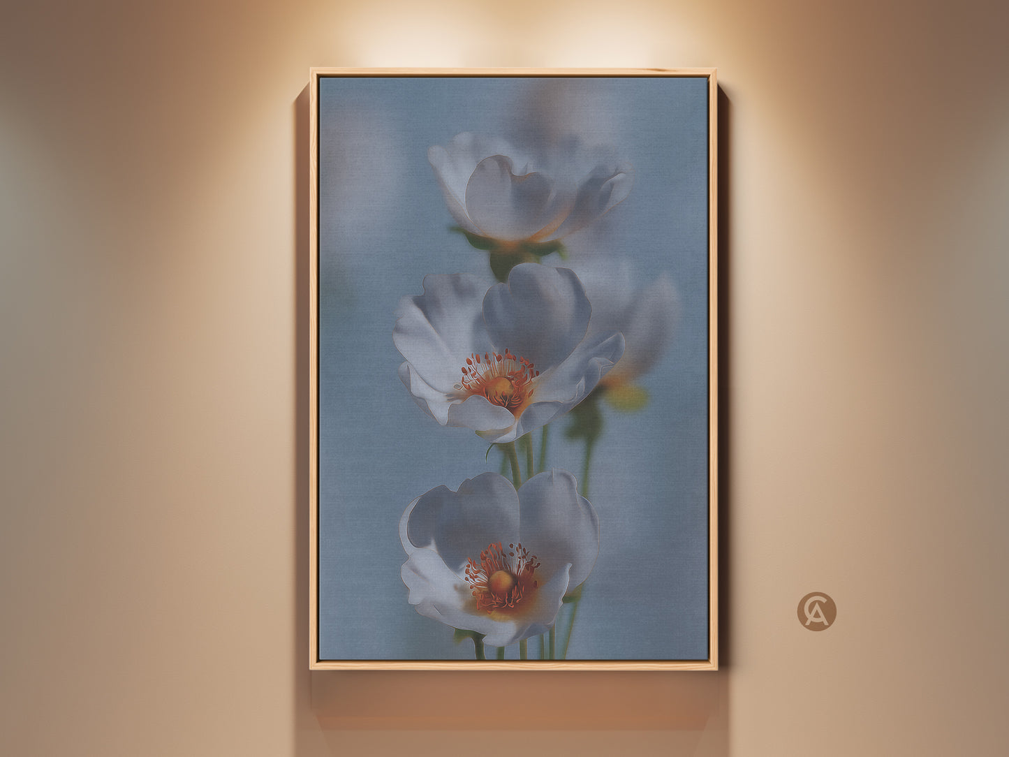 Soft Focus Floral Art Print in a wooden frame. This delicate white flower canvas art adds a serene touch to any room. The light blue botanical home decor suits Scandinavian or minimalist styles. It's a thoughtful new home gift choice. The white and orange flowers create a calming and elegant wall display.
