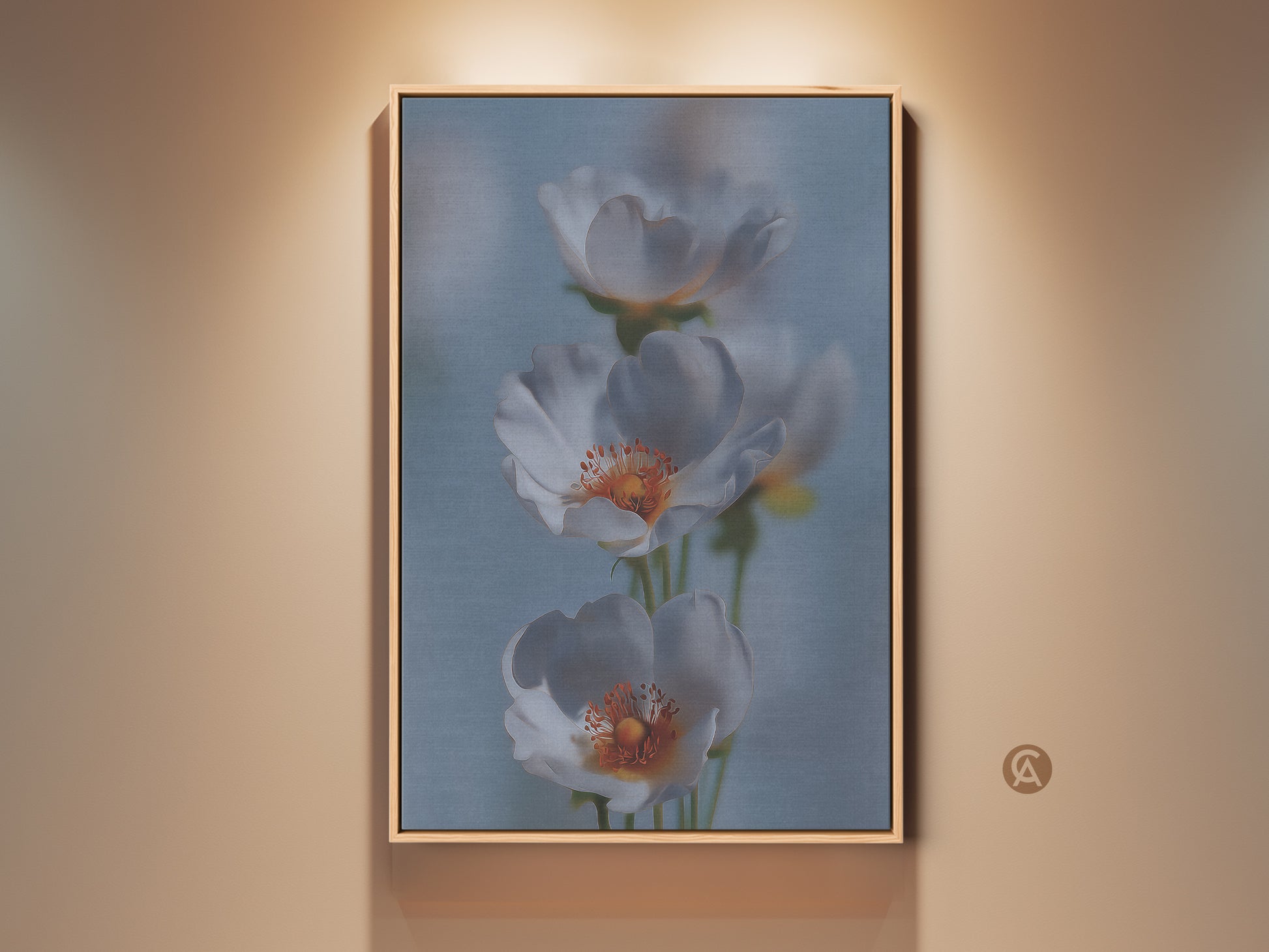 Soft Focus Floral Art Print in a wooden frame. This delicate white flower canvas art adds a serene touch to any room. The light blue botanical home decor suits Scandinavian or minimalist styles. It's a thoughtful new home gift choice. The white and orange flowers create a calming and elegant wall display.
