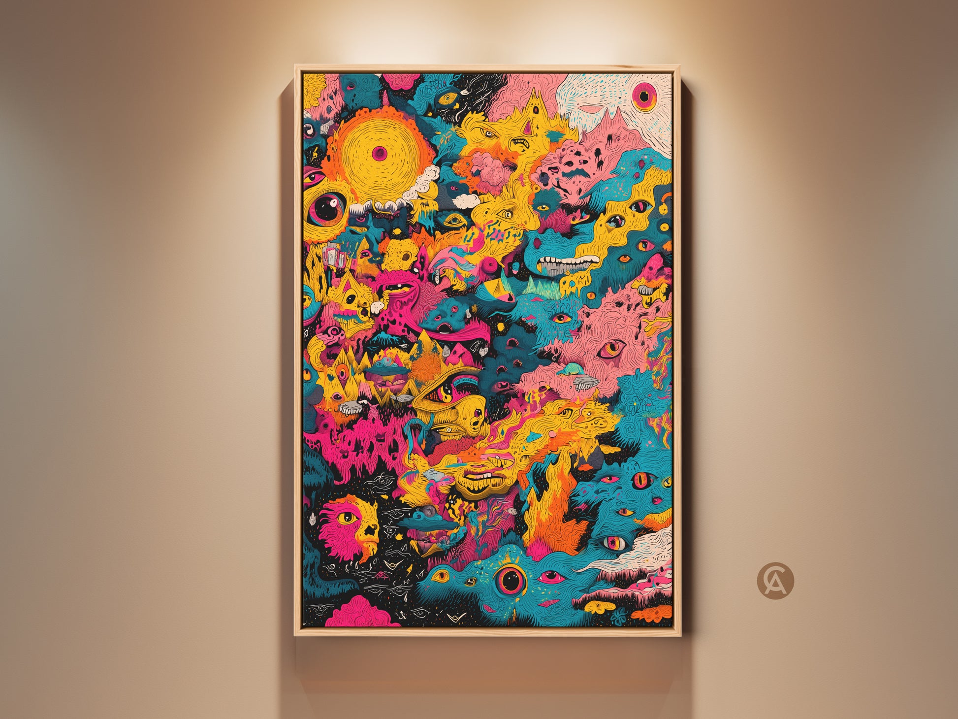 Framed artwork featuring colorful abstract eye patterns. The art piece is in a floating frame. This eye-catching artwork adds a modern touch. Perfect for living rooms or office spaces. This framed wall art is ready to hang.
