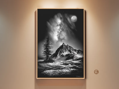 A framed monochrome mountain art print hangs on a wall. This black and white landscape features a moonlit pine tree under a cloudy sky. It brings contemporary nature artwork to a home office.