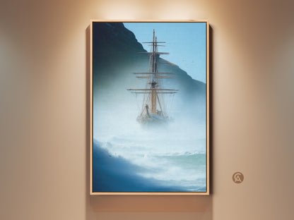 Experience the adventure of a tall ship navigating a stormy blue gray sea. This coastal canvas art features a vintage sailing vessel near a rocky coast. Perfect nautical home decor or sailor gift. Add maritime charm to your living room or professional office with this maritime artwork.