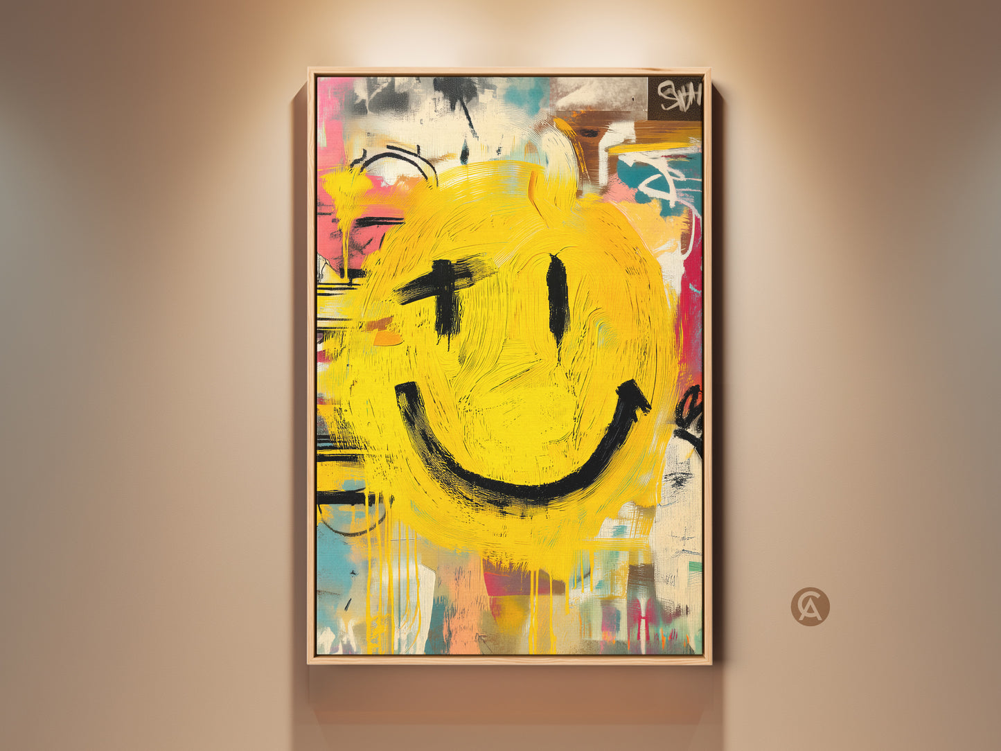 Brighten your space with this expressive smiley face art. This framed canvas showcases bold brushstrokes and vibrant yellow hues. A modern art piece that brings a cheerful vibe. Perfect for adding a pop of color to any room. Enhance your home decor with this unique wall art today