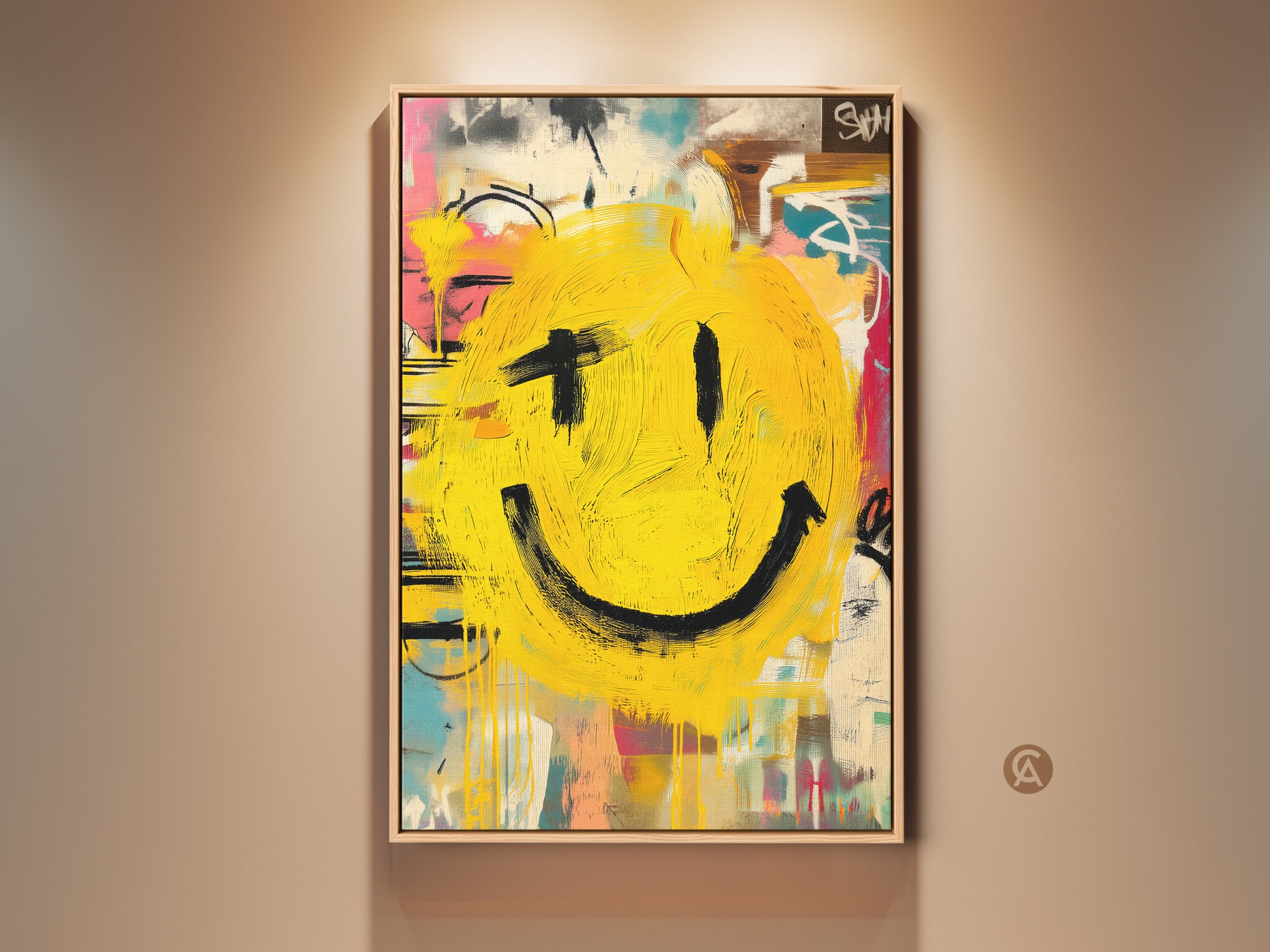 Brighten your space with this expressive smiley face art. This framed canvas showcases bold brushstrokes and vibrant yellow hues. A modern art piece that brings a cheerful vibe. Perfect for adding a pop of color to any room. Enhance your home decor with this unique wall art today