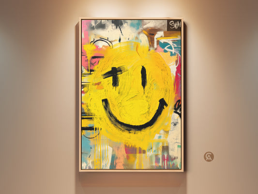 Brighten your space with this expressive smiley face art. This framed canvas showcases bold brushstrokes and vibrant yellow hues. A modern art piece that brings a cheerful vibe. Perfect for adding a pop of color to any room. Enhance your home decor with this unique wall art today