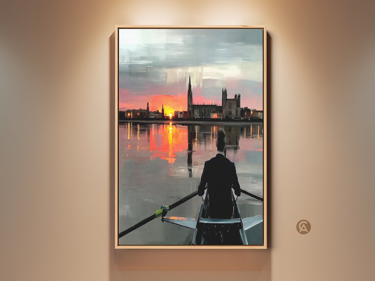 Office wall art featuring a rower at sunset. The impressionistic style artwork uses orange pink and grey tones. This canvas print adds a modern touch to any office or home decor. A perfect motivational gift for athletes. The cityscape reflects beautifully on the water. The rower is in silhouette. A peaceful inspirational scene.