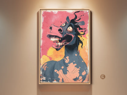 View a framed cartoon horse canvas art print. This grotesque animal wall decor features pink teal and yellow. It's perfect for a studio or office. A great gift for horse enthusiasts who appreciate unique art.