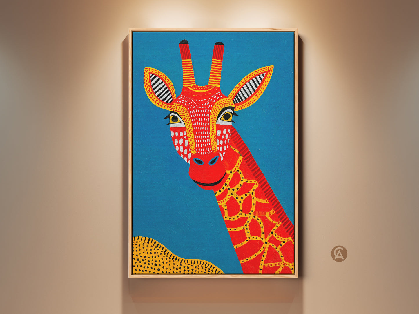 Framed view of the Tribal Giraffe Canvas Art. A captivating piece of Boho Folk style wall decor. The art features a red giraffe against a vibrant blue backdrop with yellow accents. Perfect for adding a unique African safari touch to your home. This abstract animal artwork enhances any living space with its colorful and cheerful presence.