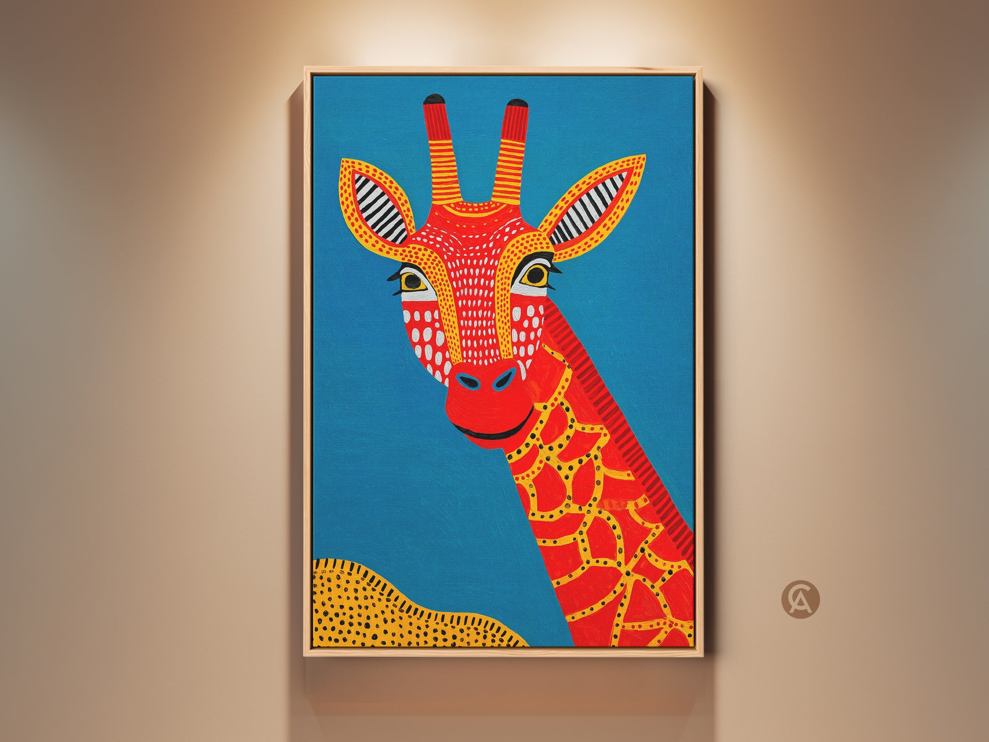 Framed view of the Tribal Giraffe Canvas Art. A captivating piece of Boho Folk style wall decor. The art features a red giraffe against a vibrant blue backdrop with yellow accents. Perfect for adding a unique African safari touch to your home. This abstract animal artwork enhances any living space with its colorful and cheerful presence.