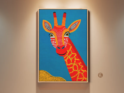 Framed view of the Tribal Giraffe Canvas Art. A captivating piece of Boho Folk style wall decor. The art features a red giraffe against a vibrant blue backdrop with yellow accents. Perfect for adding a unique African safari touch to your home. This abstract animal artwork enhances any living space with its colorful and cheerful presence.