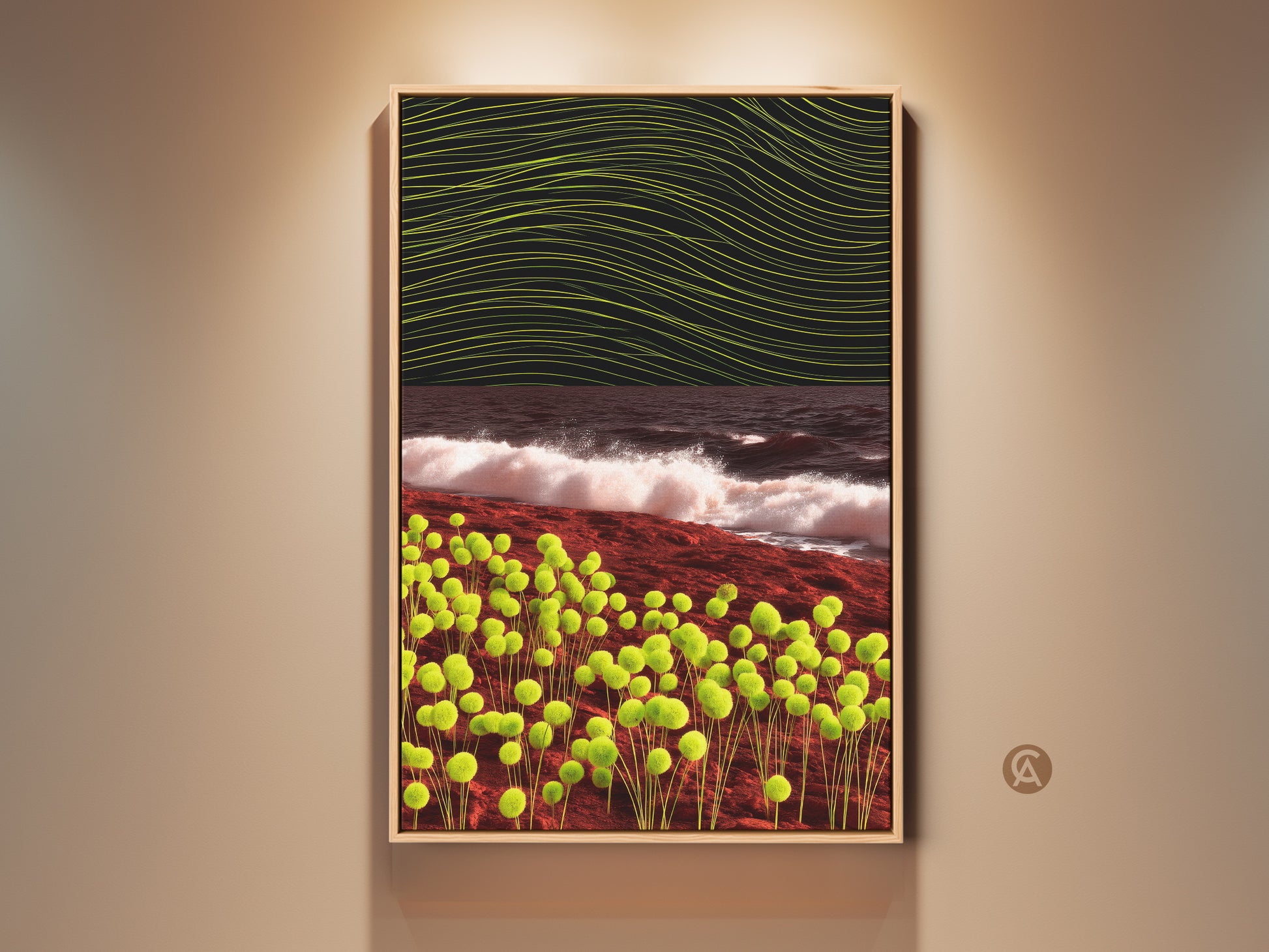 Framed abstract orb and wave canvas art. This contemporary surreal landscape features lime green waves and dark brown accents. Enhance your bedroom decor with this unique artwork.