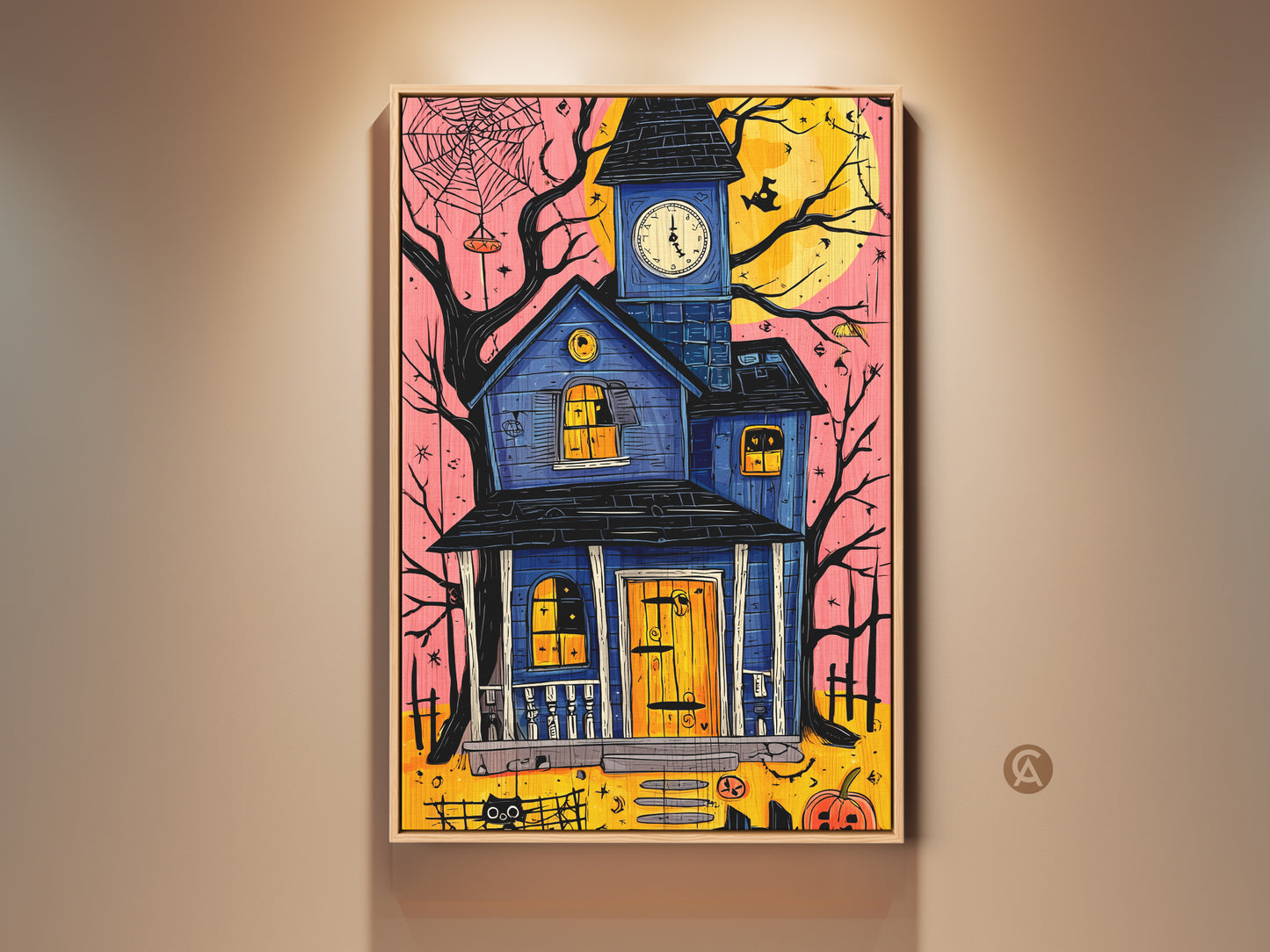 Framed Haunted House Canvas Art Print. This Halloween artwork features a spooky black cat and pumpkin. Eclectic blue yellow orange wall decor adds seasonal charm. This whimsical illustrated art is perfect for entryways. A unique decor gift for fall lovers.