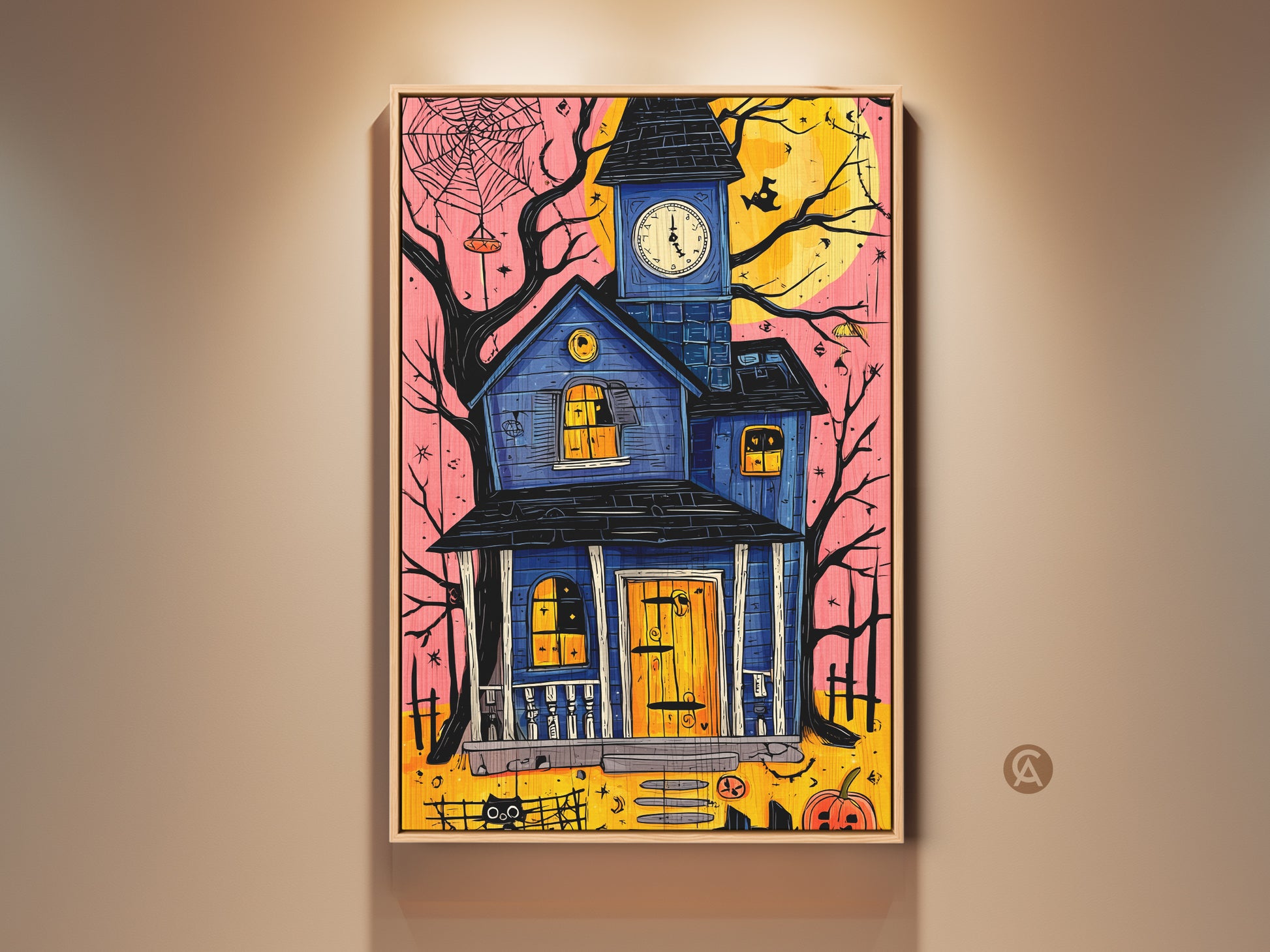 Framed Haunted House Canvas Art Print. This Halloween artwork features a spooky black cat and pumpkin. Eclectic blue yellow orange wall decor adds seasonal charm. This whimsical illustrated art is perfect for entryways. A unique decor gift for fall lovers.