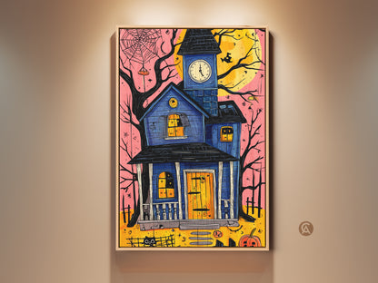 Framed Haunted House Canvas Art Print. This Halloween artwork features a spooky black cat and pumpkin. Eclectic blue yellow orange wall decor adds seasonal charm. This whimsical illustrated art is perfect for entryways. A unique decor gift for fall lovers.