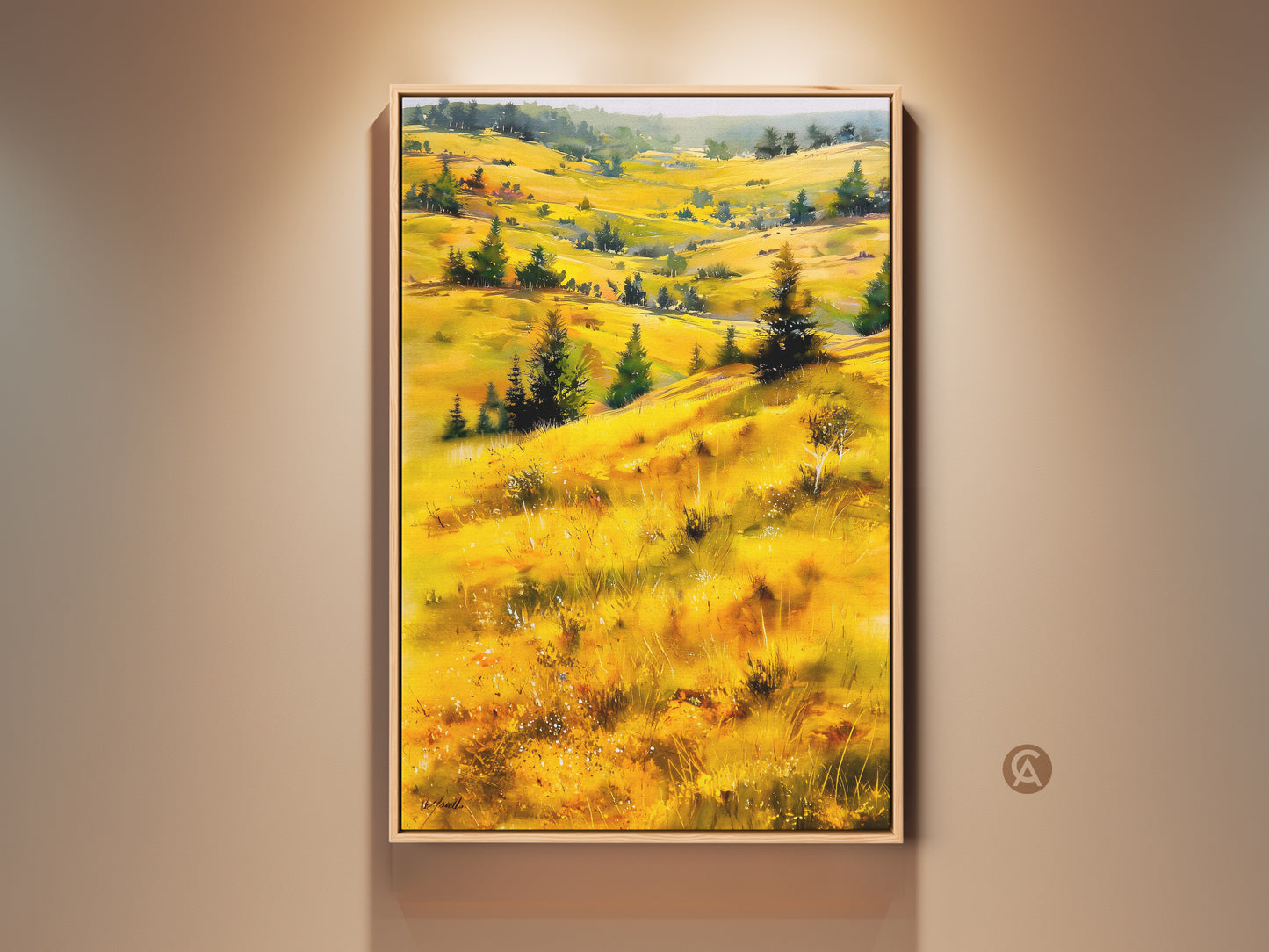 Framed impressionistic landscape art print. Golden yellow and green hills are showcased. The expressive nature scenery creates inviting farmhouse home decor. This scenic landscape painting adds a warm touch to any room. Perfect as a housewarming gift idea.