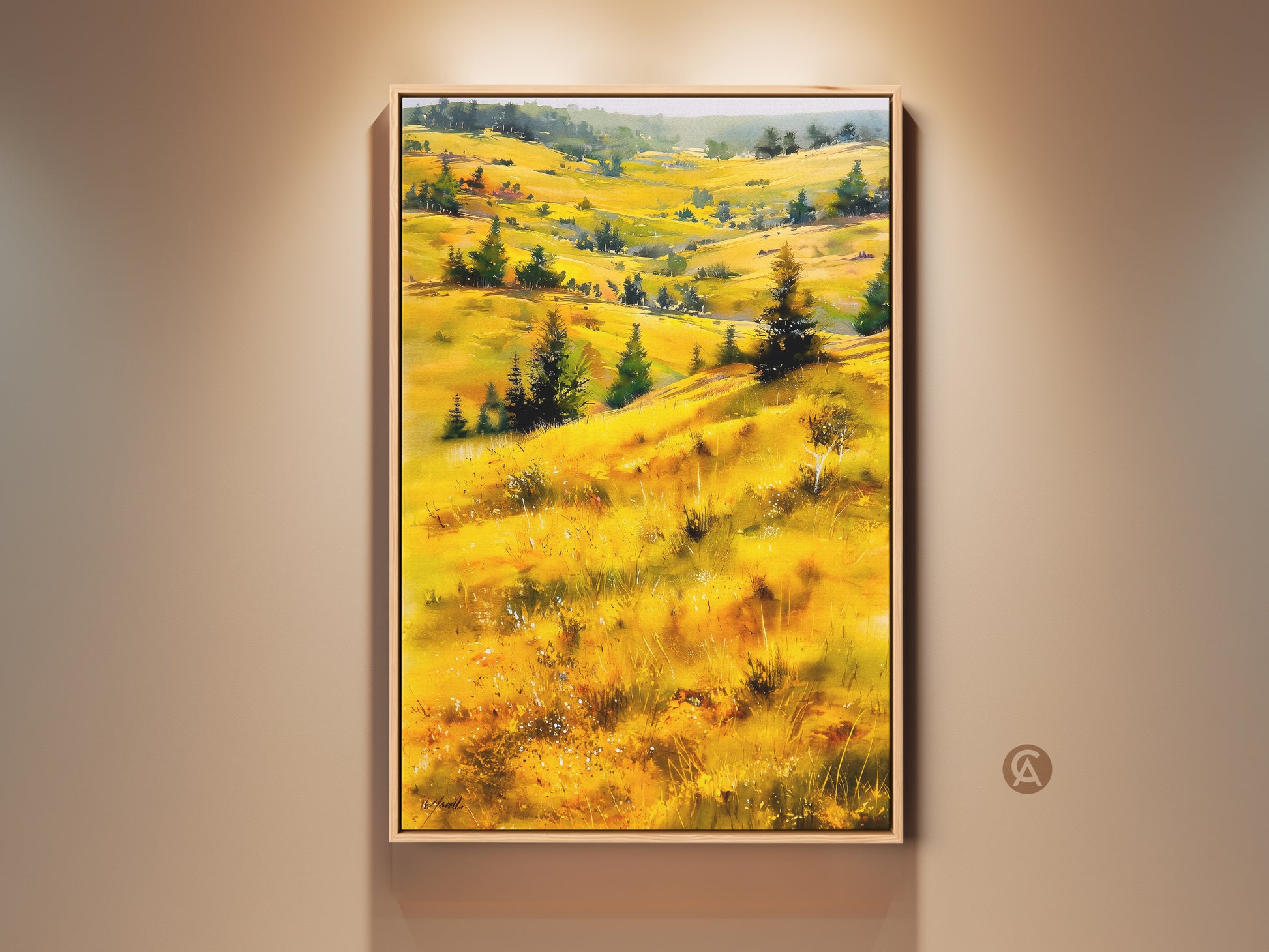 Framed impressionistic landscape art print. Golden yellow and green hills are showcased. The expressive nature scenery creates inviting farmhouse home decor. This scenic landscape painting adds a warm touch to any room. Perfect as a housewarming gift idea.
