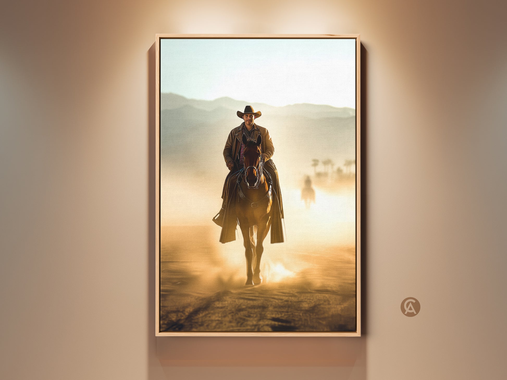 Cinematic Western Cowboy Horse Riding Art Print. A cowboy rides a horse through a dusty tan landscape. This rustic artwork captures a sense of adventure. Perfect cowboy decor for home and office. It makes a great gift for horse enthusiasts.