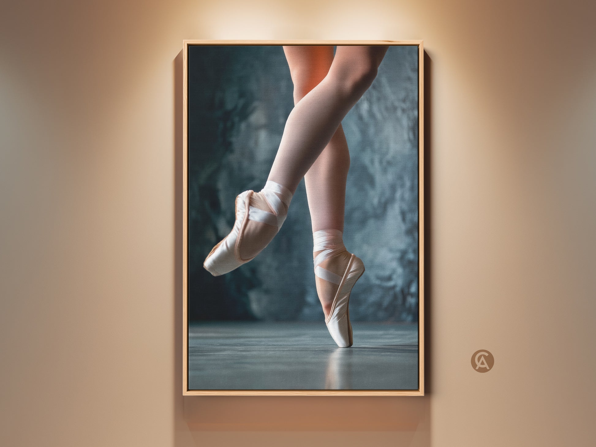 Framed ballet art print. This ballerina artwork features a dancer en pointe. The ballerina's feet are perfectly posed. The framed canvas adds elegance. It enhances any space. Perfect for dance lovers. This floating frame art is ready to hang.