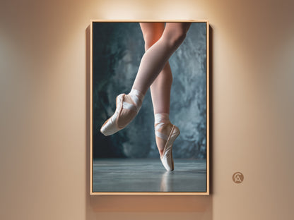 Framed ballet art print. This ballerina artwork features a dancer en pointe. The ballerina's feet are perfectly posed. The framed canvas adds elegance. It enhances any space. Perfect for dance lovers. This floating frame art is ready to hang.