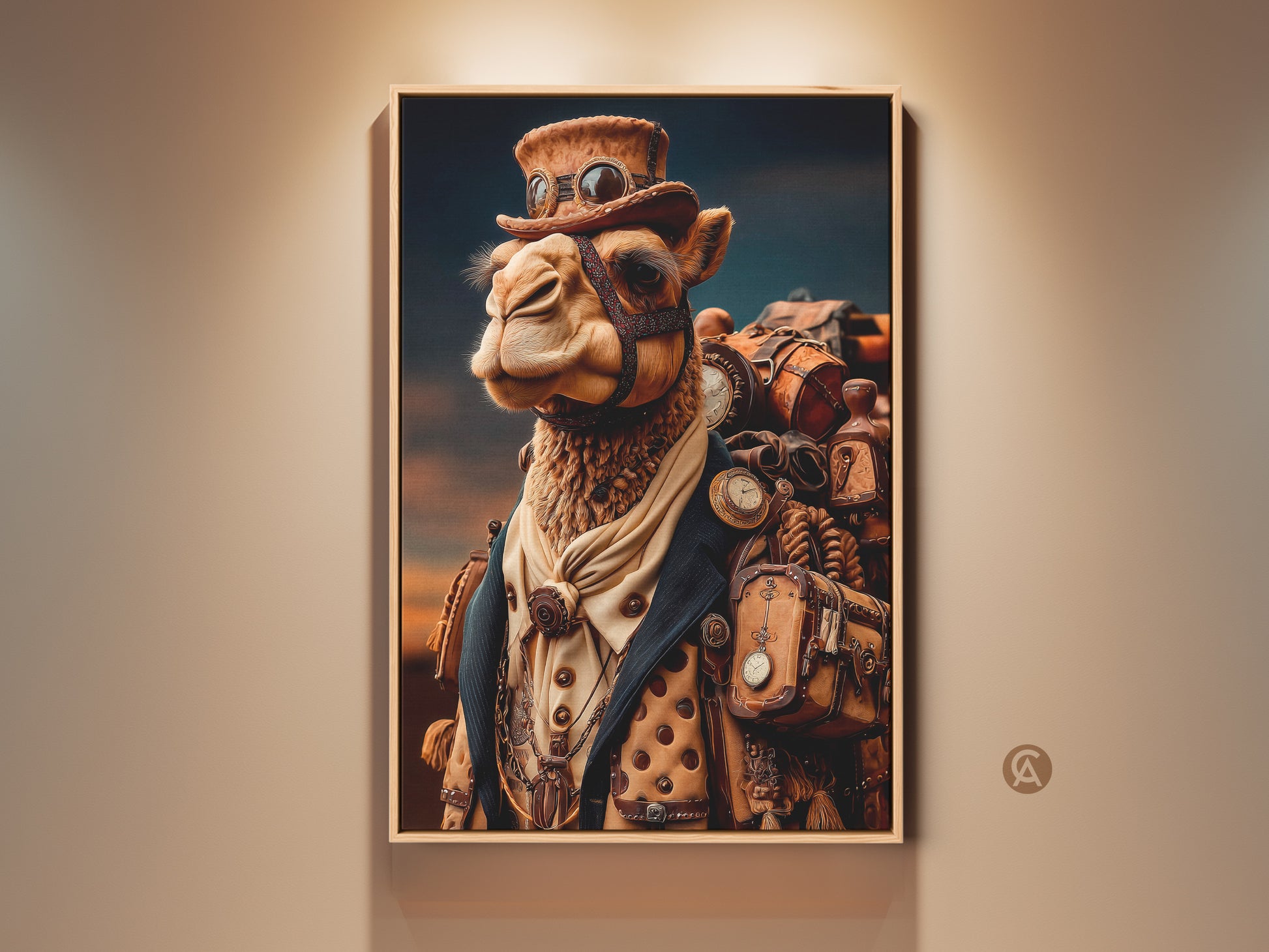 Steampunk Camel Canvas Art Print. This artwork displays a camel wearing goggles and a top hat. The animal is accessorized with gears and pocket watches. Perfect wall decor for an eclectic office.