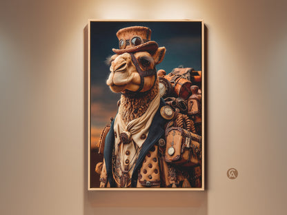 Steampunk Camel Canvas Art Print. This artwork displays a camel wearing goggles and a top hat. The animal is accessorized with gears and pocket watches. Perfect wall decor for an eclectic office.