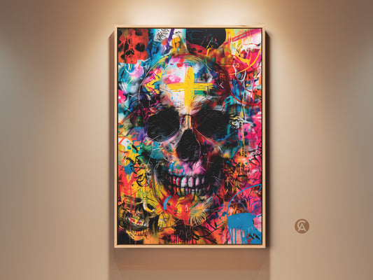 Framed Skull artwork. A vibrant skull art piece with a cross on its forehead. The artwork is set against a neutral wall. It adds a touch of edgy sophistication to any space. Shop Now.