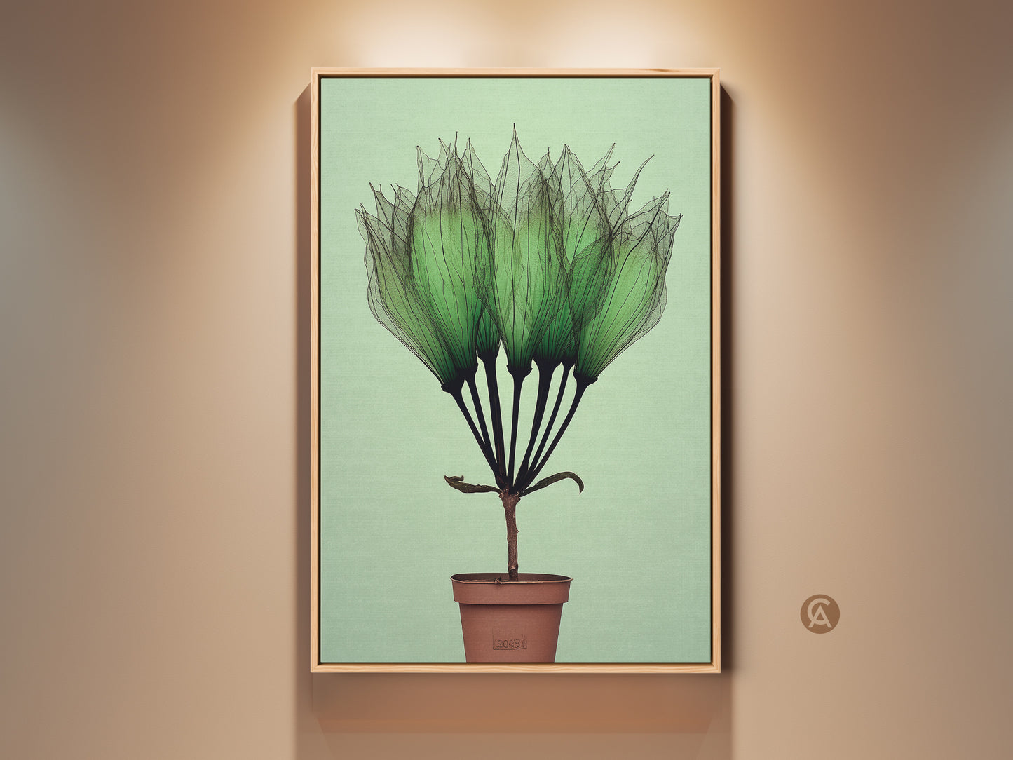 Framed Botanical Art Print features delicate translucent green petals. This Mint Green Potted Plant Wall Art has minimalist modern style. This Scandinavian Canvas is a perfect Gift for Plant Lovers. This artwork would look great in a bedroom or office space.