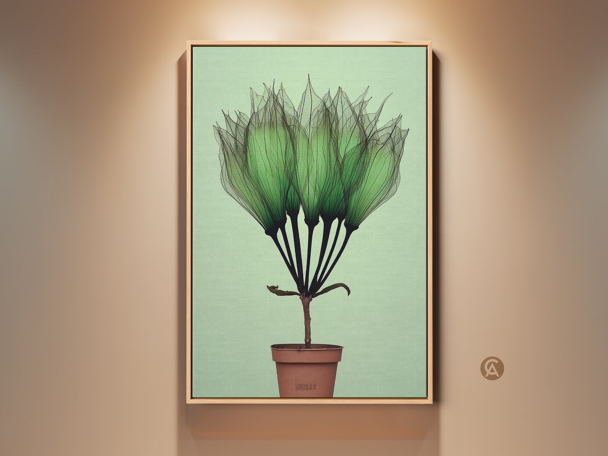 Framed Botanical Art Print features delicate translucent green petals. This Mint Green Potted Plant Wall Art has minimalist modern style. This Scandinavian Canvas is a perfect Gift for Plant Lovers. This artwork would look great in a bedroom or office space.