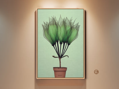 Framed Botanical Art Print features delicate translucent green petals. This Mint Green Potted Plant Wall Art has minimalist modern style. This Scandinavian Canvas is a perfect Gift for Plant Lovers. This artwork would look great in a bedroom or office space.