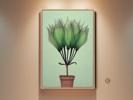 Framed Botanical Art Print features delicate translucent green petals. This Mint Green Potted Plant Wall Art has minimalist modern style. This Scandinavian Canvas is a perfect Gift for Plant Lovers. This artwork would look great in a bedroom or office space.