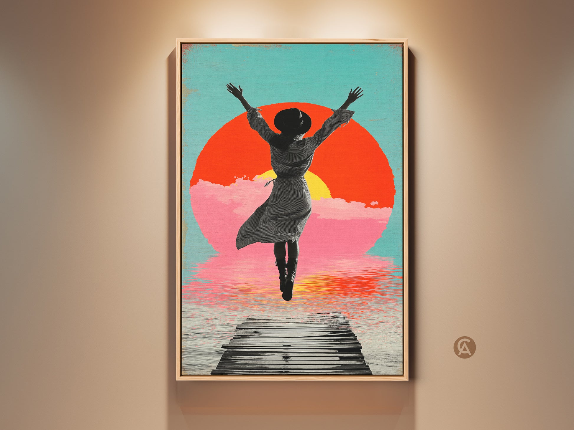 Boho Retro pier artwork print featuring a surreal woman jumping toward a vibrant orange sunset. The canvas art is designed with aqua pink colors on a dreamy landscape wall decor. This expressive figurative art evokes freedom perfect for boho retro home decor.