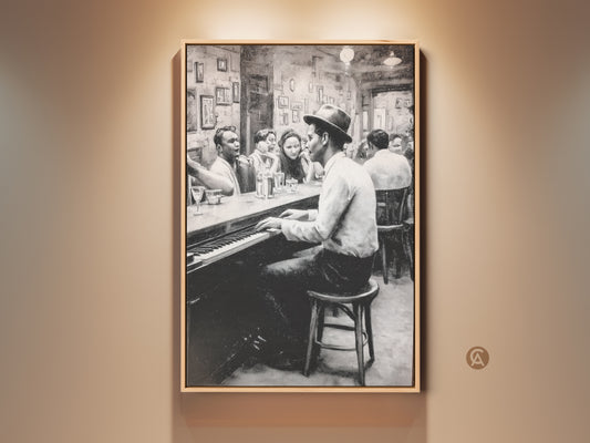 Monochrome artwork of a man playing piano at a bar. People are enjoying drinks and listening to the music. This fine art print captures a vintage jazz club vibe. Perfect wall art for music lovers.