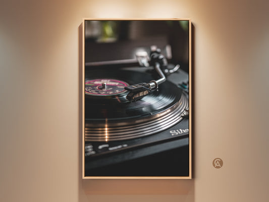 Vintage turntable close-up canvas art. Retro vinyl record artwork in brown and gold. Industrial music room decor for music collectors. A unique gift for vinyl enthusiasts.