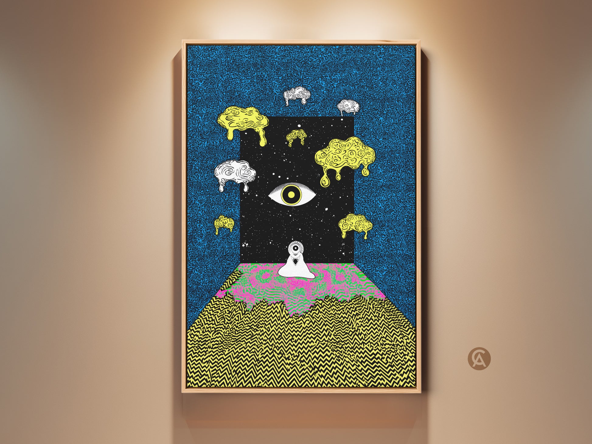 Framed surreal eye canvas artwork creating a mesmerizing portal to a cosmic realm. This psychedelic abstract art combines blue black and melting yellow hues. A lone figure stands before a trippy landscape. Perfect for eclectic wall decor in bedrooms or living spaces this unique piece adds depth and intrigue