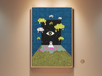 Framed surreal eye canvas artwork creating a mesmerizing portal to a cosmic realm. This psychedelic abstract art combines blue black and melting yellow hues. A lone figure stands before a trippy landscape. Perfect for eclectic wall decor in bedrooms or living spaces this unique piece adds depth and intrigue