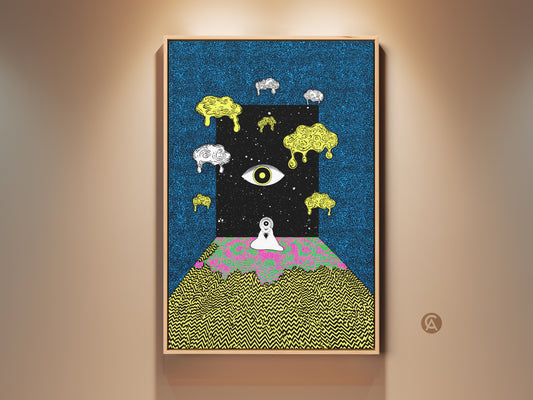 Framed surreal eye canvas artwork creating a mesmerizing portal to a cosmic realm. This psychedelic abstract art combines blue black and melting yellow hues. A lone figure stands before a trippy landscape. Perfect for eclectic wall decor in bedrooms or living spaces this unique piece adds depth and intrigue