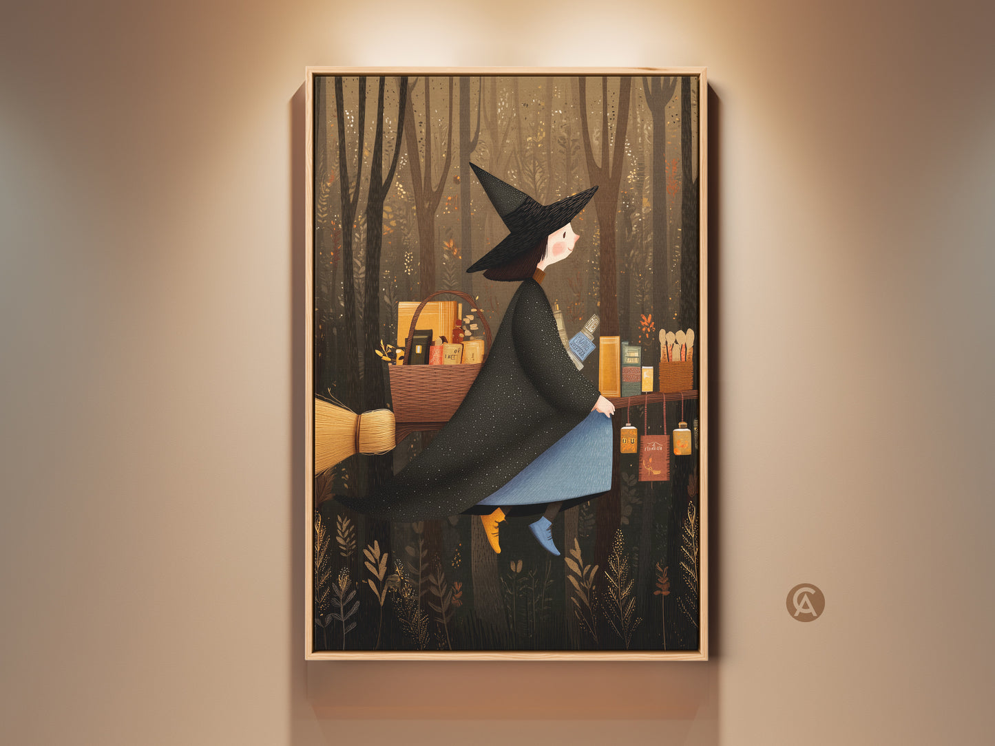 Fantasy witch on broomstick art print displayed. The witch is set against a dark forest. It captures a boho Halloween decor vibe. This Autumn Witchcraft wall art would be a cozy gift for her.