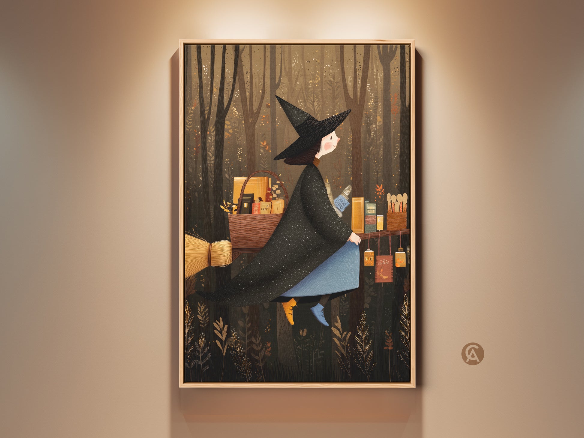 Fantasy witch on broomstick art print displayed. The witch is set against a dark forest. It captures a boho Halloween decor vibe. This Autumn Witchcraft wall art would be a cozy gift for her.