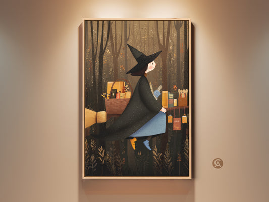 Fantasy witch on broomstick art print displayed. The witch is set against a dark forest. It captures a boho Halloween decor vibe. This Autumn Witchcraft wall art would be a cozy gift for her.