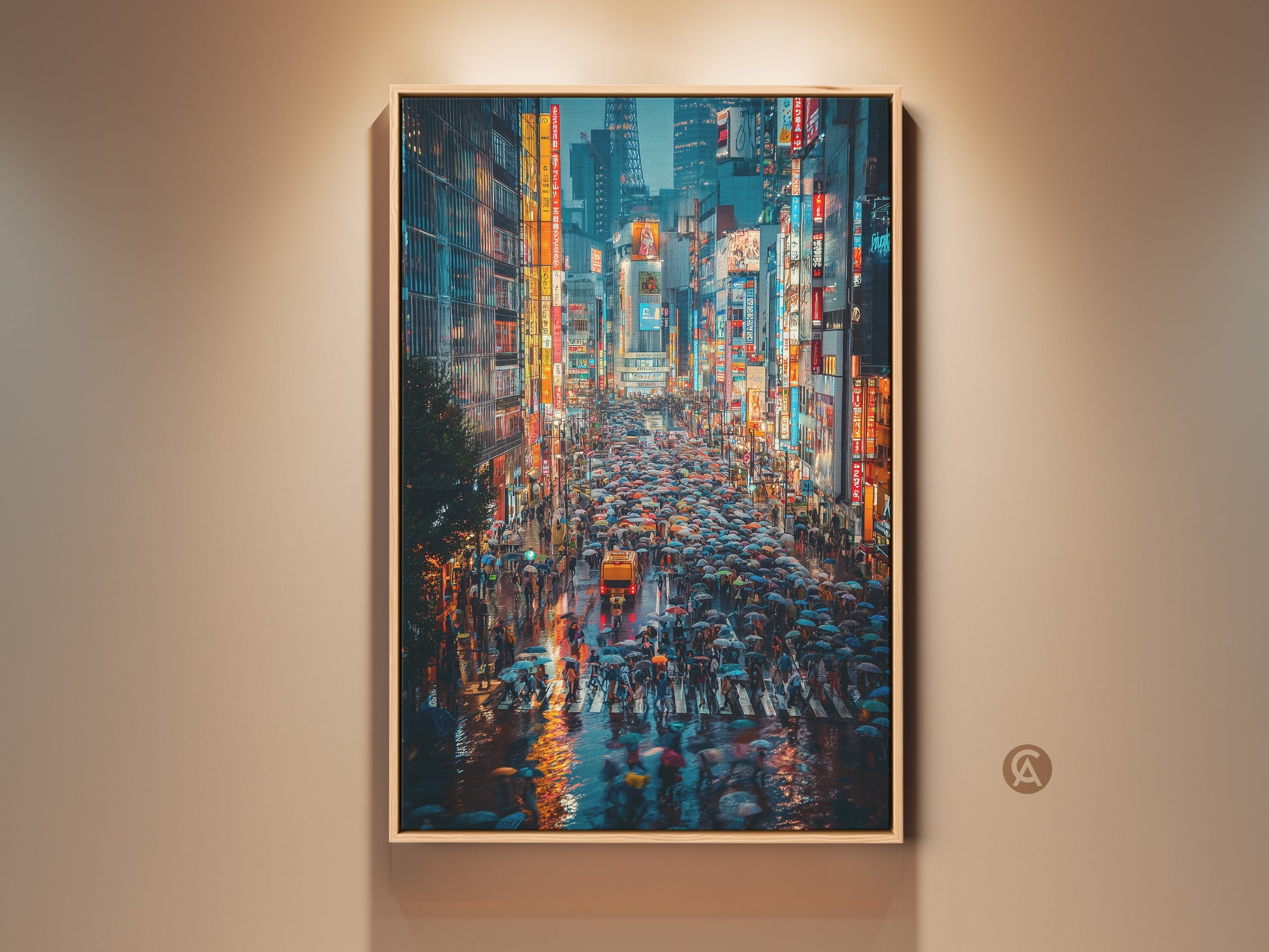 This framed cityscape wall art captures a rainy urban night scene. Neon signs and lights reflect off the wet streets in yellow orange and blue hues. This contemporary artwork brings the energy of Tokyo to any living space.
