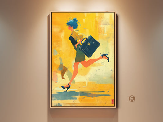 Woman with Briefcase canvas print. This modern abstract art features yellow orange and teal colors. A perfect wall art for office decor. It also makes a great gift for a career woman.