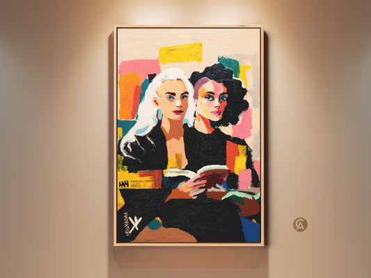 Expressive abstract print featuring two women reading. This contemporary portrait on canvas adds an eclectic touch to your bedroom decor. A perfect bookworm gift showcases bold color wall art. This yellow accent artwork enhances any space. Its a modern abstract portrait wall hanging art for artistic home decor.