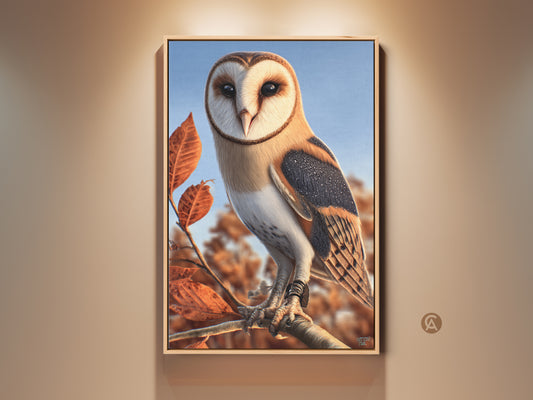 Realistic barn owl art print on canvas. The rustic wildlife wall decor features a beige brown owl among autumn leaves. Perfect birdwatcher gift for nature lovers. The fall nature canvas adds charm to rustic home decor.