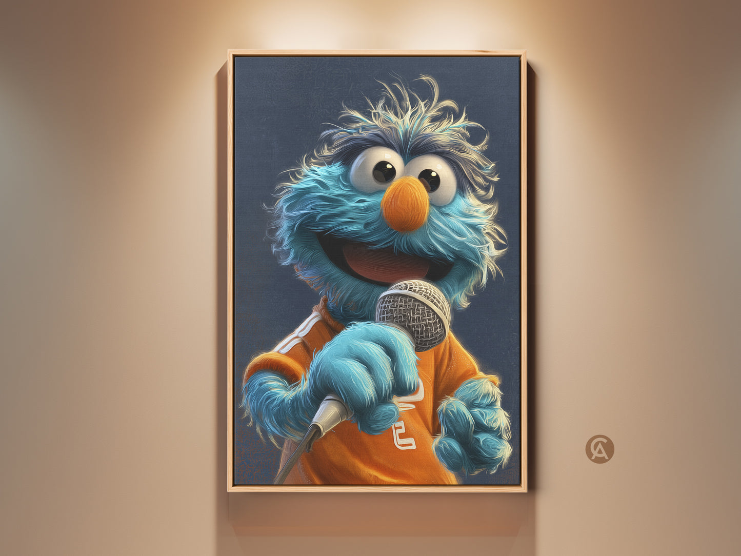 Teal blue monster art print displayed in a wood frame. This pop culture wall art features a funny character holding a microphone. Perfect kids room decor or birthday gift canvas.