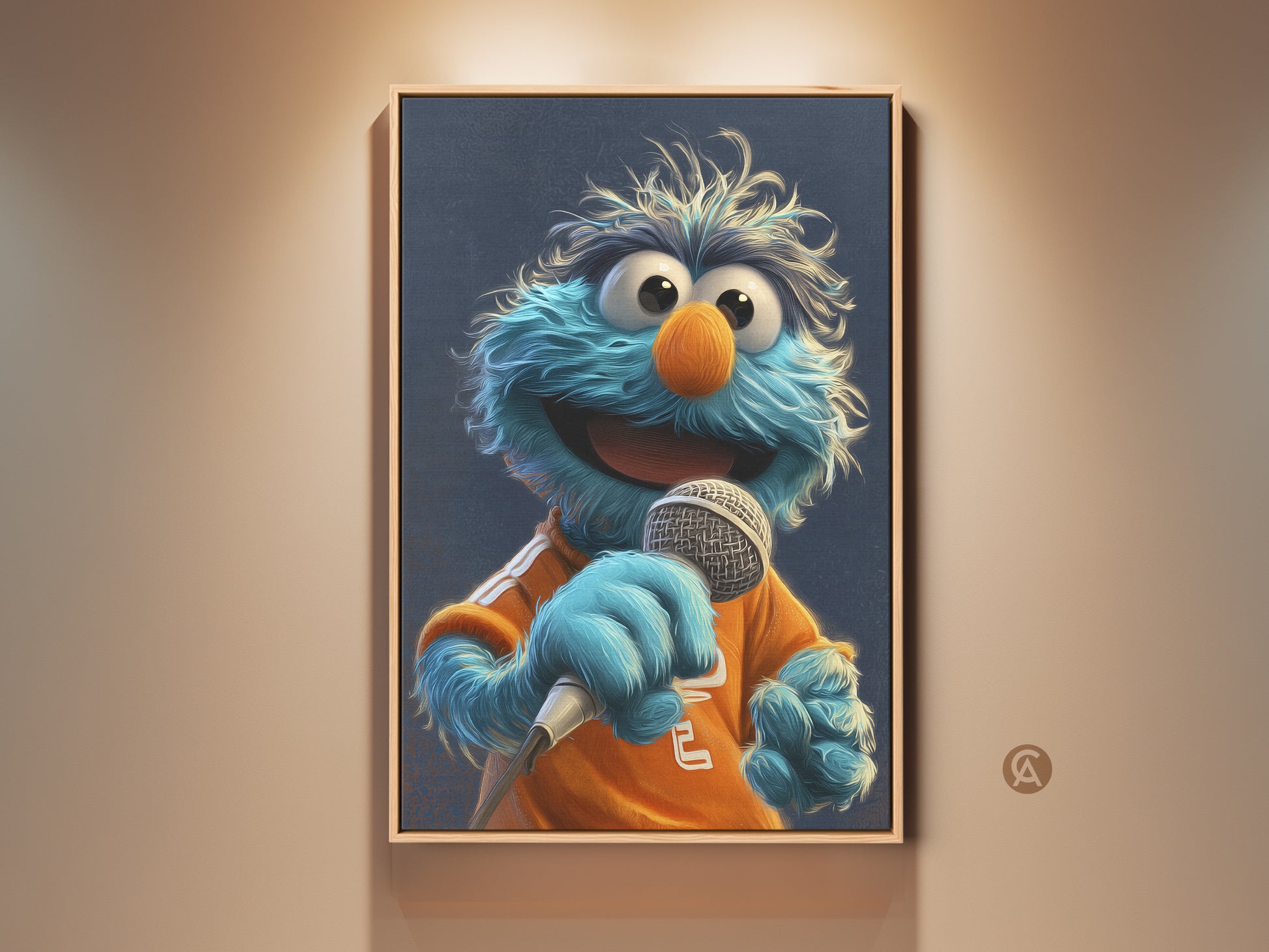 Teal blue monster art print displayed in a wood frame. This pop culture wall art features a funny character holding a microphone. Perfect kids room decor or birthday gift canvas.